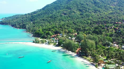 aerial panorama of tropical island with white sand beach and palms