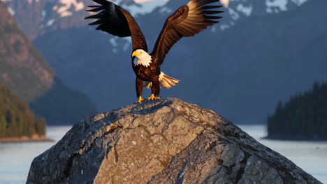 majestic bald eagle perched on a rock with wings spread in a mountainous landscape