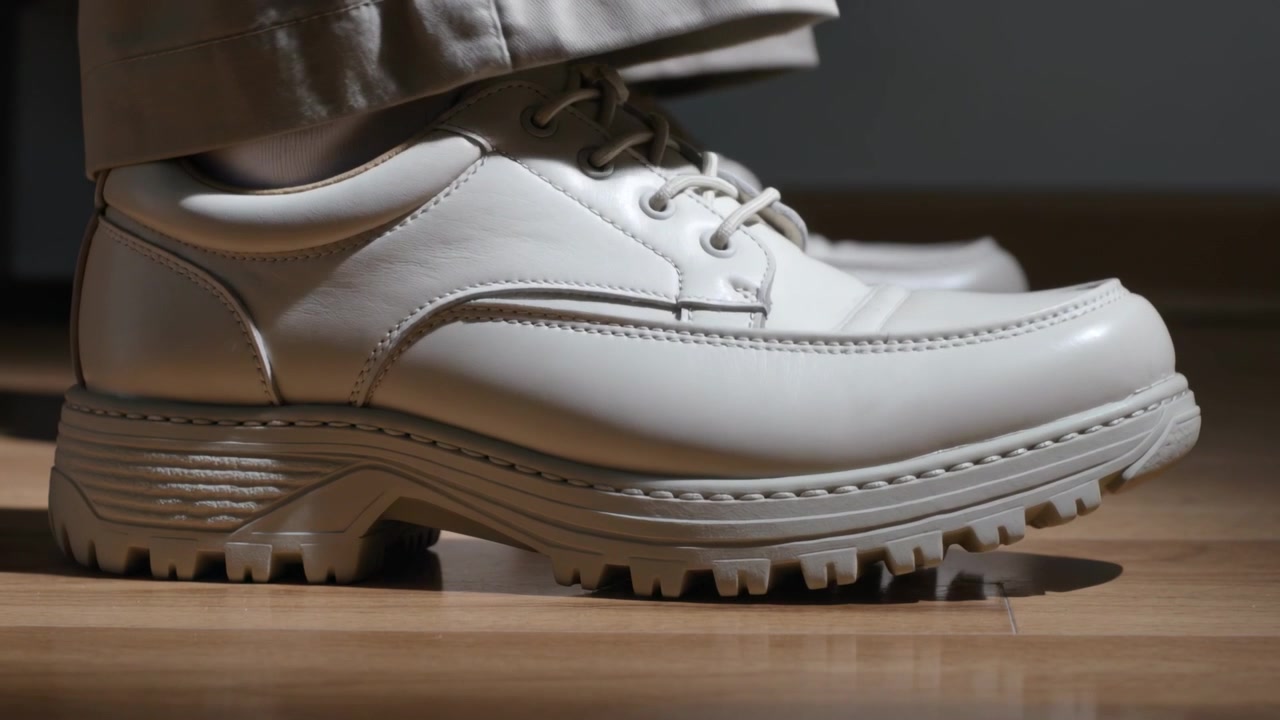 Desplazando el pie derecho llevando un zapato de cuero blanco y pantalones caqui sobre suelo de madera, preparándose para dar un paso.
