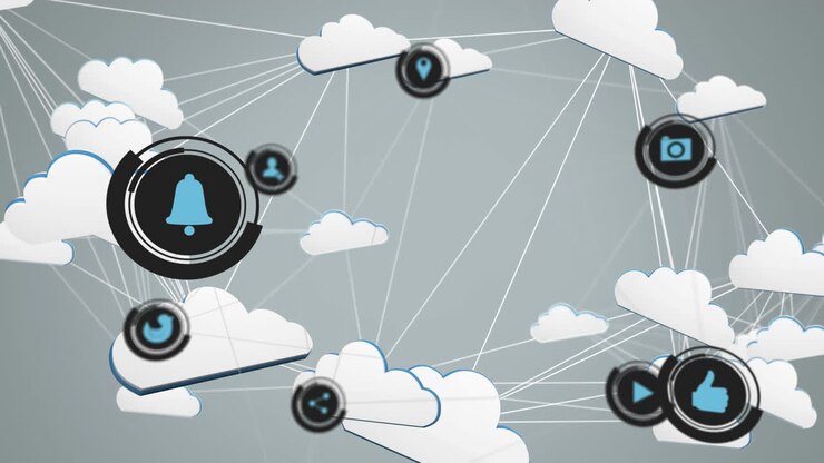 Multiple digital icons floating against network of cloud icons against grey background