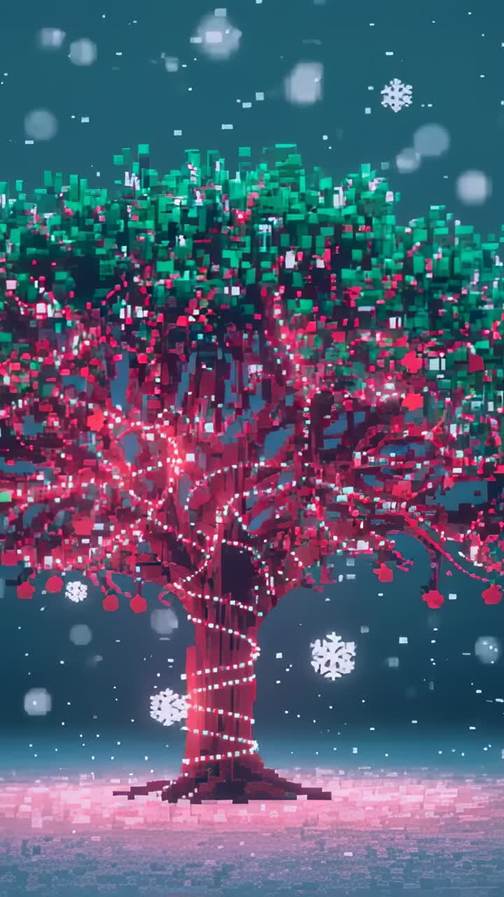 Vertical video: Snow starting, pixel tree staying on pink ground, lights glowing, red baubles