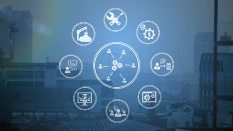 animación de iconos digitales que giran contra la vista aérea del paisaje urbano