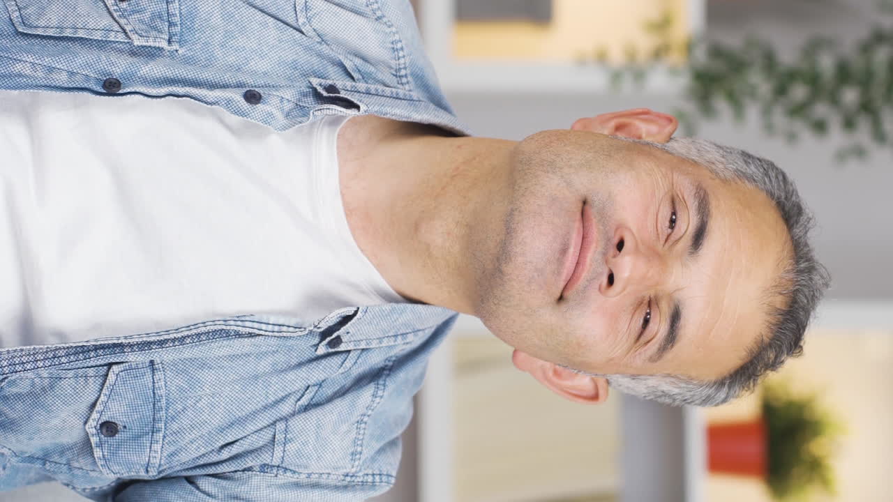 Vertical video of Happy man waving at camera.