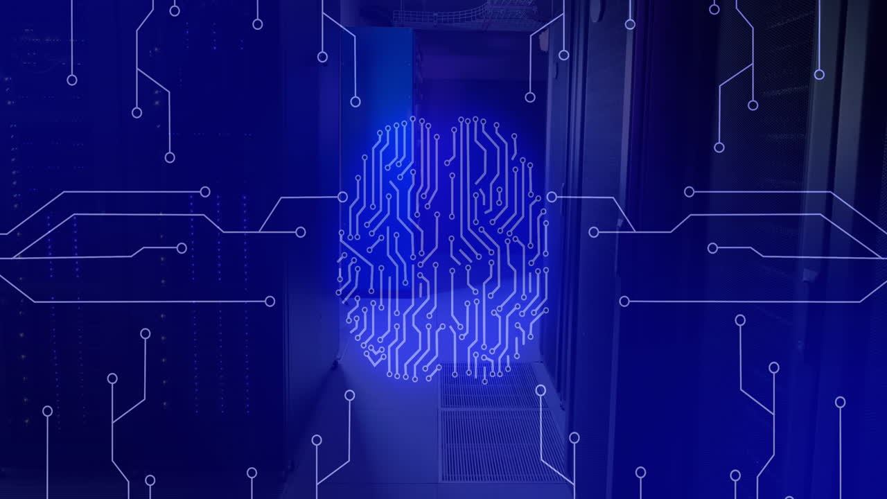 animación del patrón de la placa de circuitos alrededor del cerebro contra la sala del servidor en el fondo.