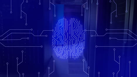 animation of circuit board pattern around brain against server room in background