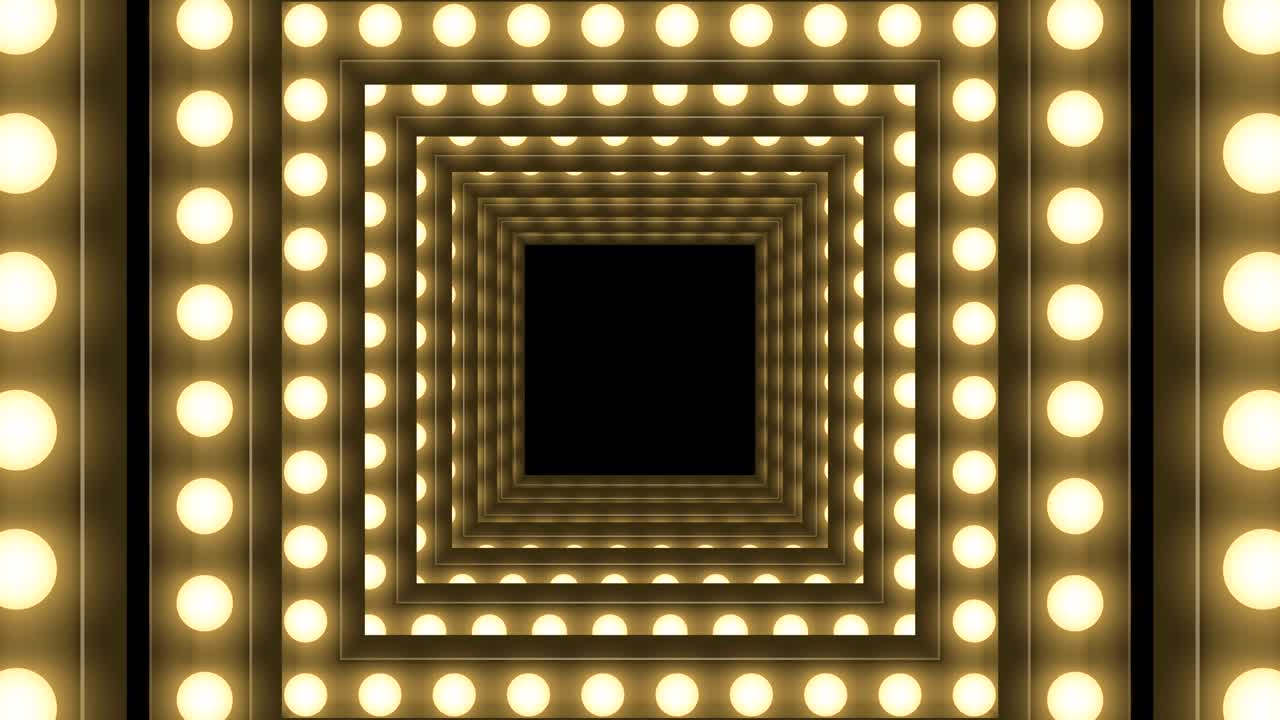 터널 전구 박스 프레임 사각형 모양 이동 패턴, 레트로 3d 가상 스타일 일러스트레이션 어두운 배경에서 빛나는 원활한 루핑 애니메이션 4k, 복사 공간