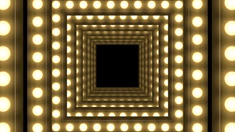 tunnel incandescent light bulb box frame square shape moving pattern, retro 3d virtual style illustration glow in dark background seamless looping animation 4k, with copy space