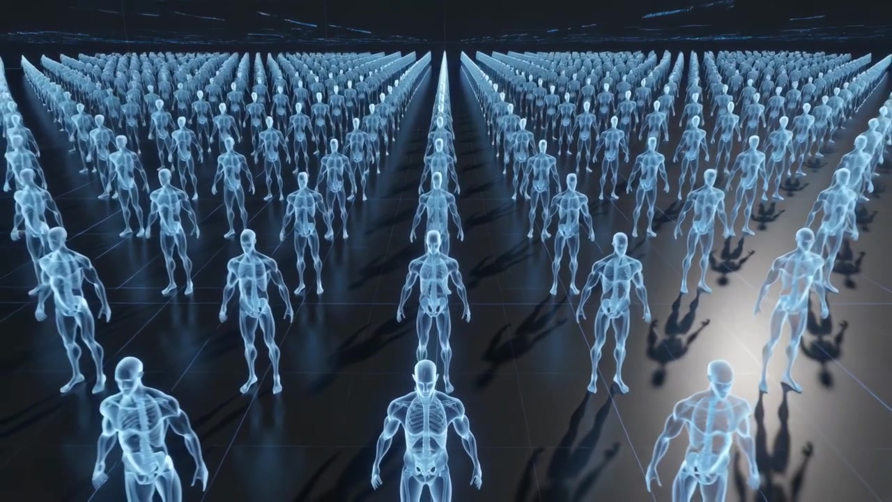 Zurückfahrende Kamera enthüllt einen einzelnen leuchtenden Humanoiden auf einem reflektierenden Boden, der sich wiederholende Reihen zeigt.
