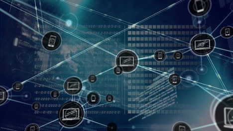 animation of network of connections with icons and data processing