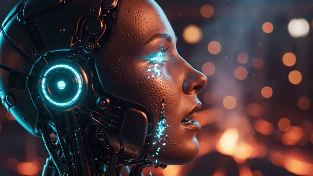 Ritratto futuristico di un volto robotico arricchito con dettagli luminosi su uno sfondo luminoso, mettendo in mostra emozione e tecnologia avanzata nell'arte cibernetica.