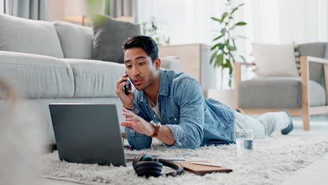 Phone-call,-computer-and-man-on-floor-for-remote