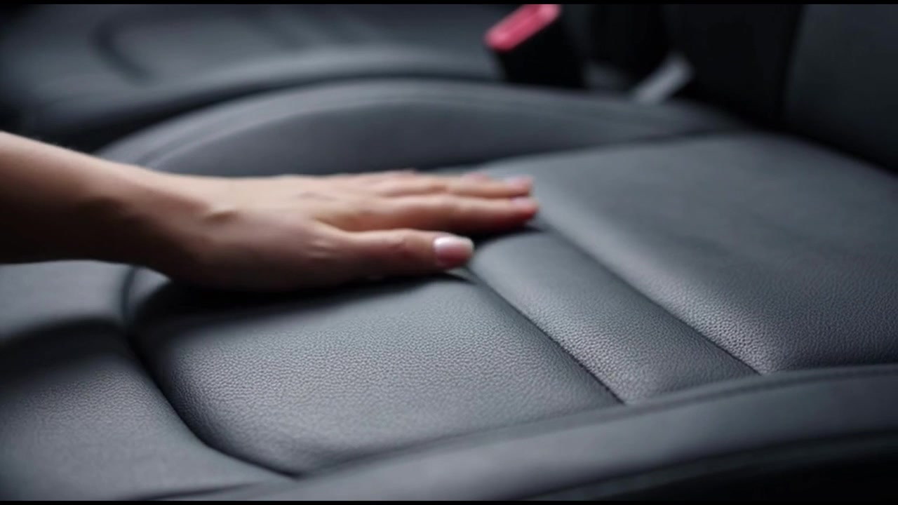 Mujer tocando el interior de un asiento de coche de cuero negro.