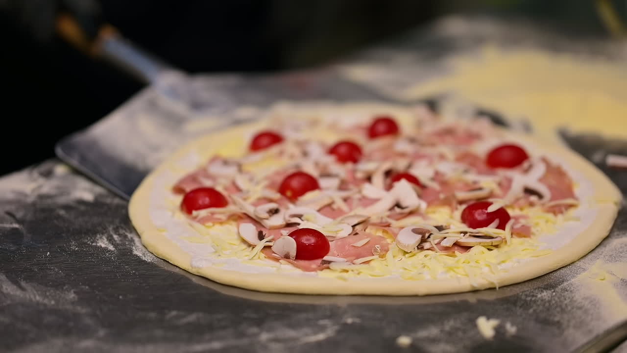 Chef is cooking pizza. Restaurant chef in kitchen cooks traditional Italian pizza