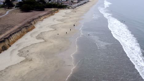 AERIAL:-drone,-half-moon-bay-beach-cliffs,-people-and-shore,-flying-forward-view