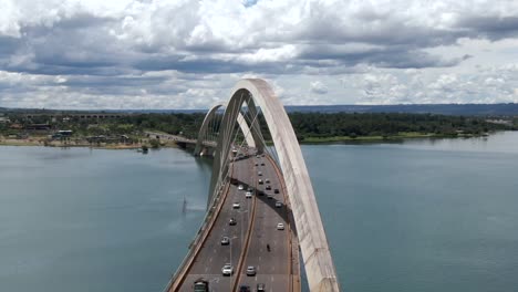 aerial view of traffic on jk bridge over lake paranoa in brasilia, capital of brazil