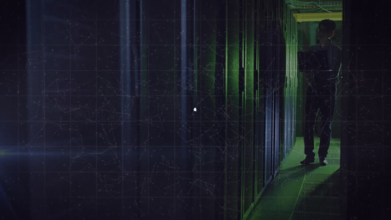 Animation of network of connections with people icons, data processing over computer servers