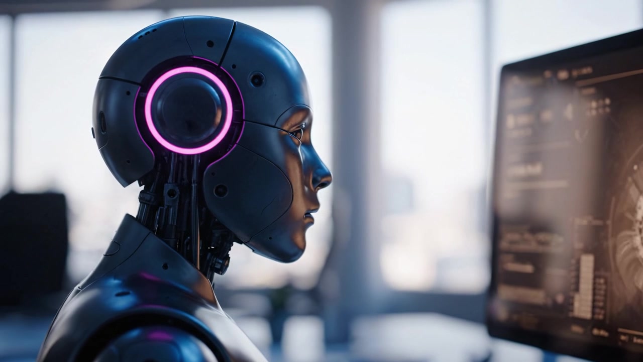 Futuristic Close-Up of a Robotic Head with Neon Accents, Showcasing Advanced Technology and AI in a Modern Workspace Environment