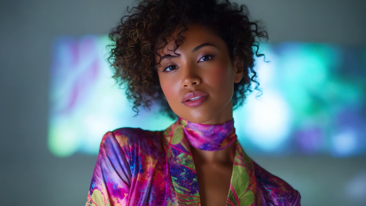 Um retrato elegante de uma mulher com cabelo cacheado usando uma roupa colorida, cores vibrantes se misturando no plano de fundo, criando uma atmosfera vívida e artística