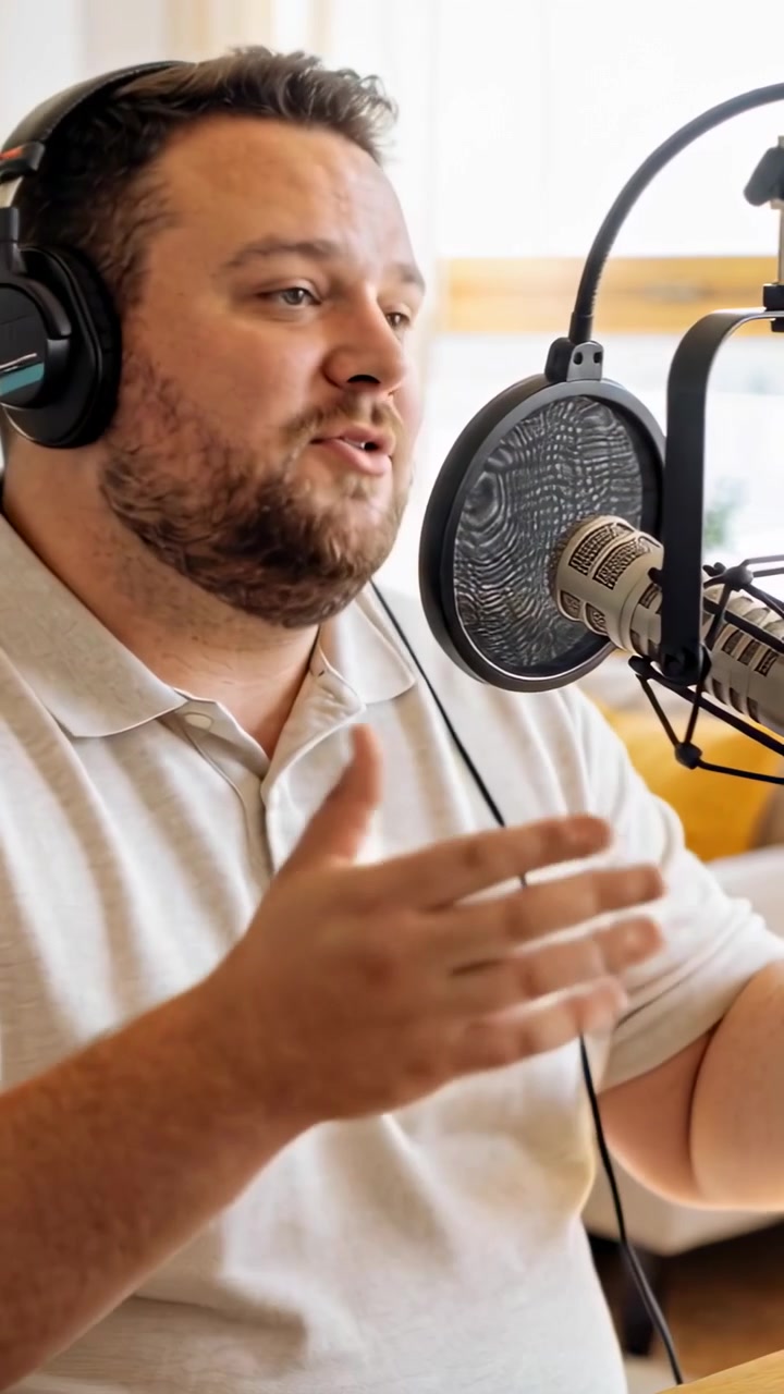 Vertical video: Recording podcaster wearing light polo gesturing at desk in home studio, with mic