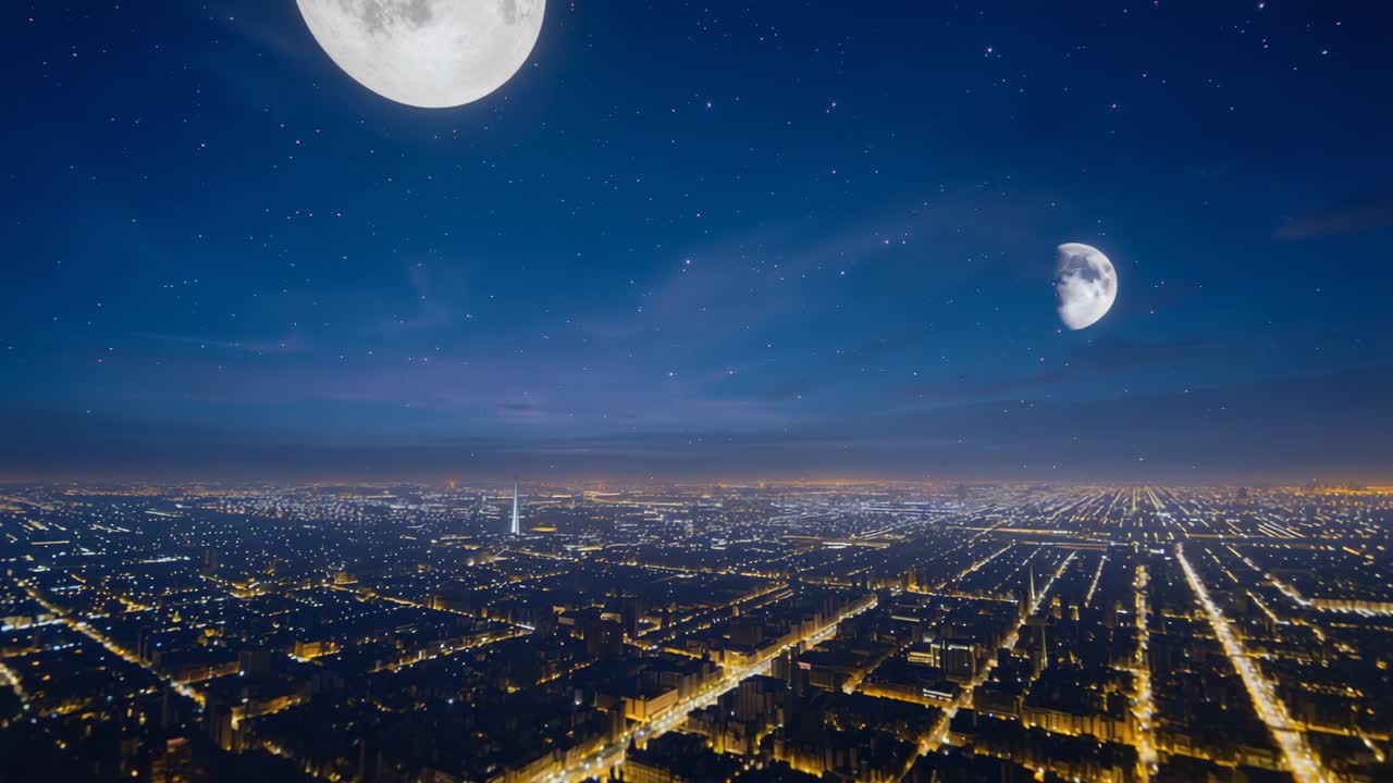 Opening with distant aerial view, camera zooming in over city grid beneath two moons, red orb