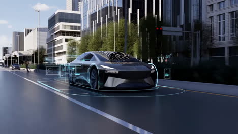 futuristic autonomous car driving through a modern city with digital overlays