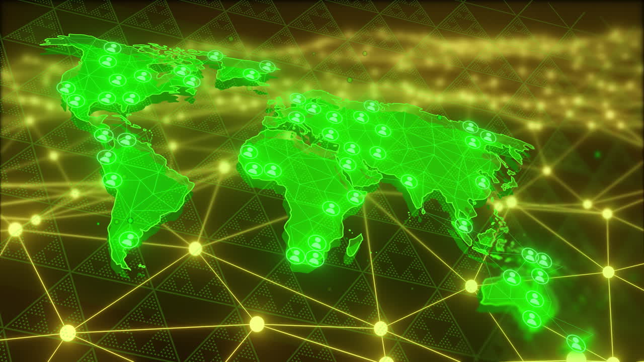 Global network connections and data exchange animation over world map