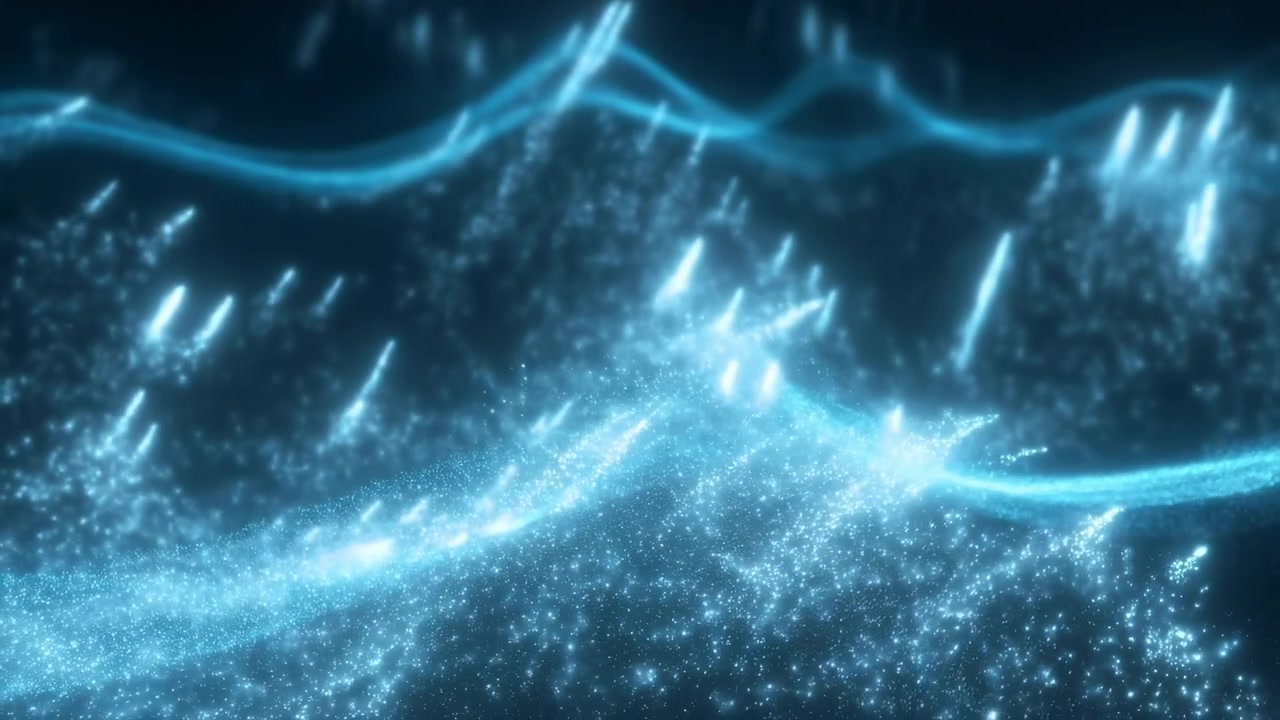Shimmering cyan particles form rolling wave surfaces while bright contour lines and vertical streaks drift across a deep dark background, creating layered luminous motion.