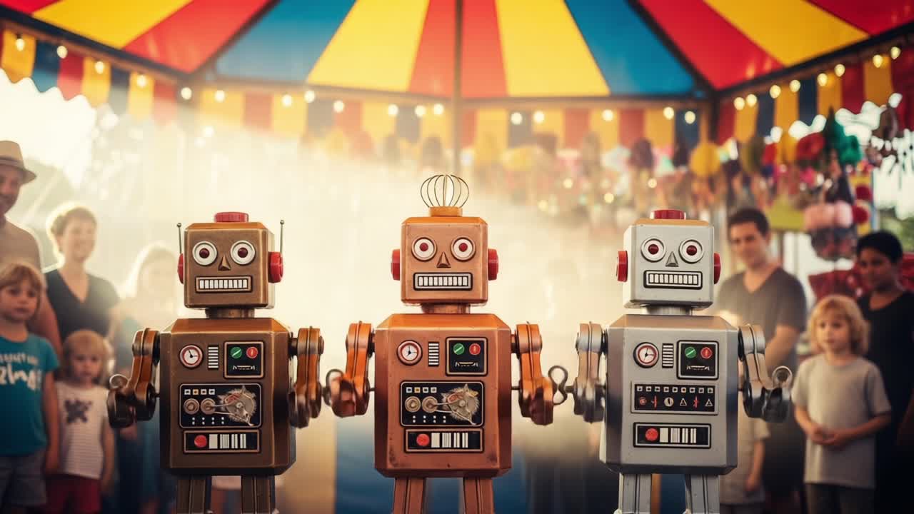 Una giocosa esposizione di robot vintage posizionati in un tendone da circo colorato, che cattura un pubblico entusiasta di bambini e adulti, esplorando la gioia dei giocattoli meccanici