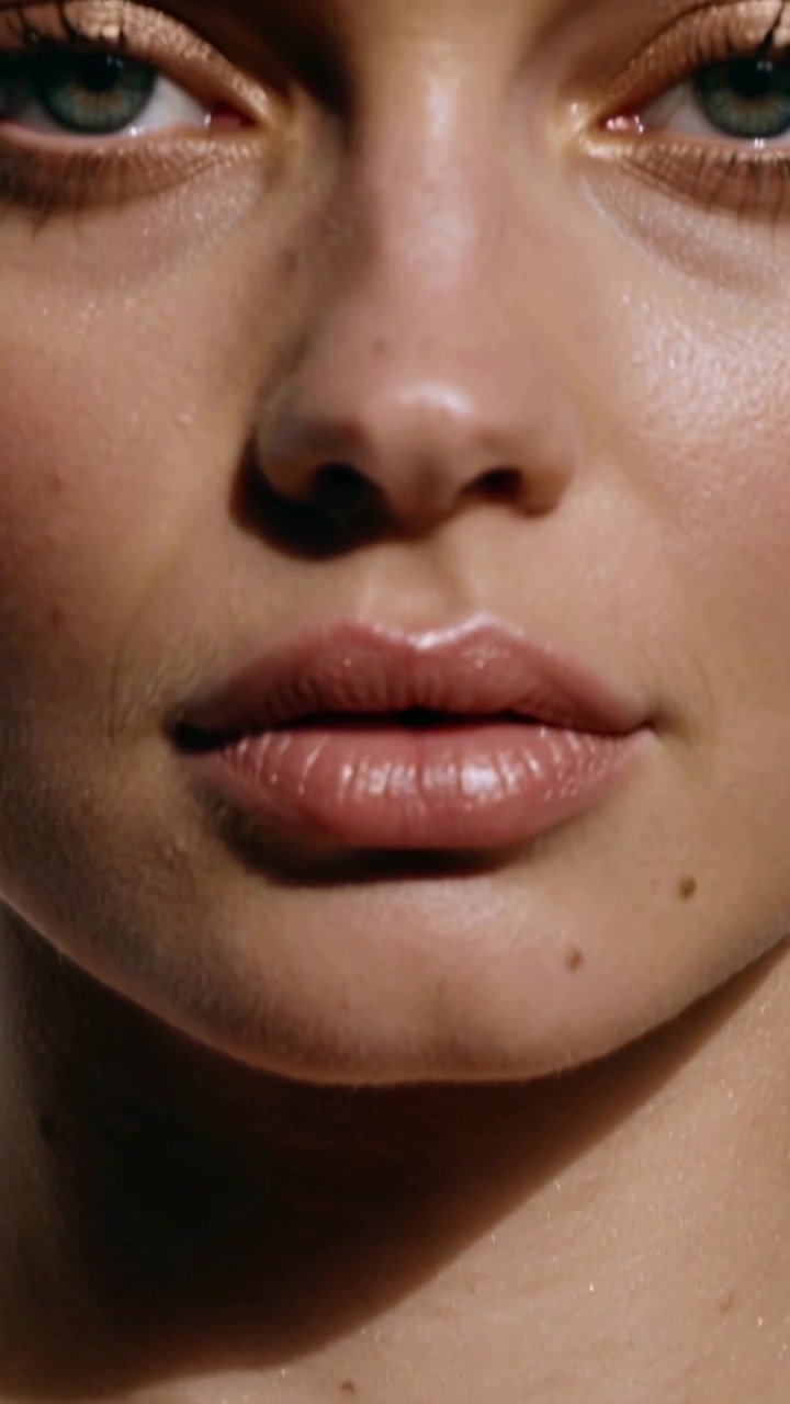 Vídeo vertical: Câmera panorâmica mostrando mulher inclinando a cabeça, abrindo os olhos em estúdio, modelando colares, com gloss