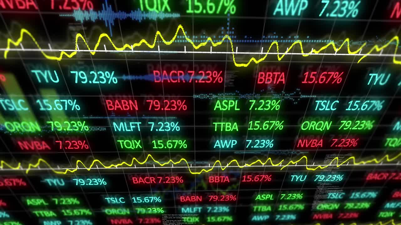 Animazione dell'elaborazione di dati finanziari e statistiche su sfondo nero