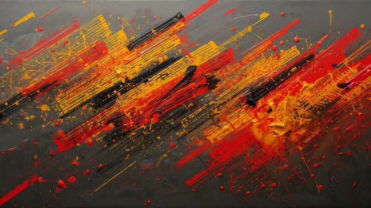 Showing wall canvas receiving fresh paint splatters forming diagonal pattern with impasto, drips
