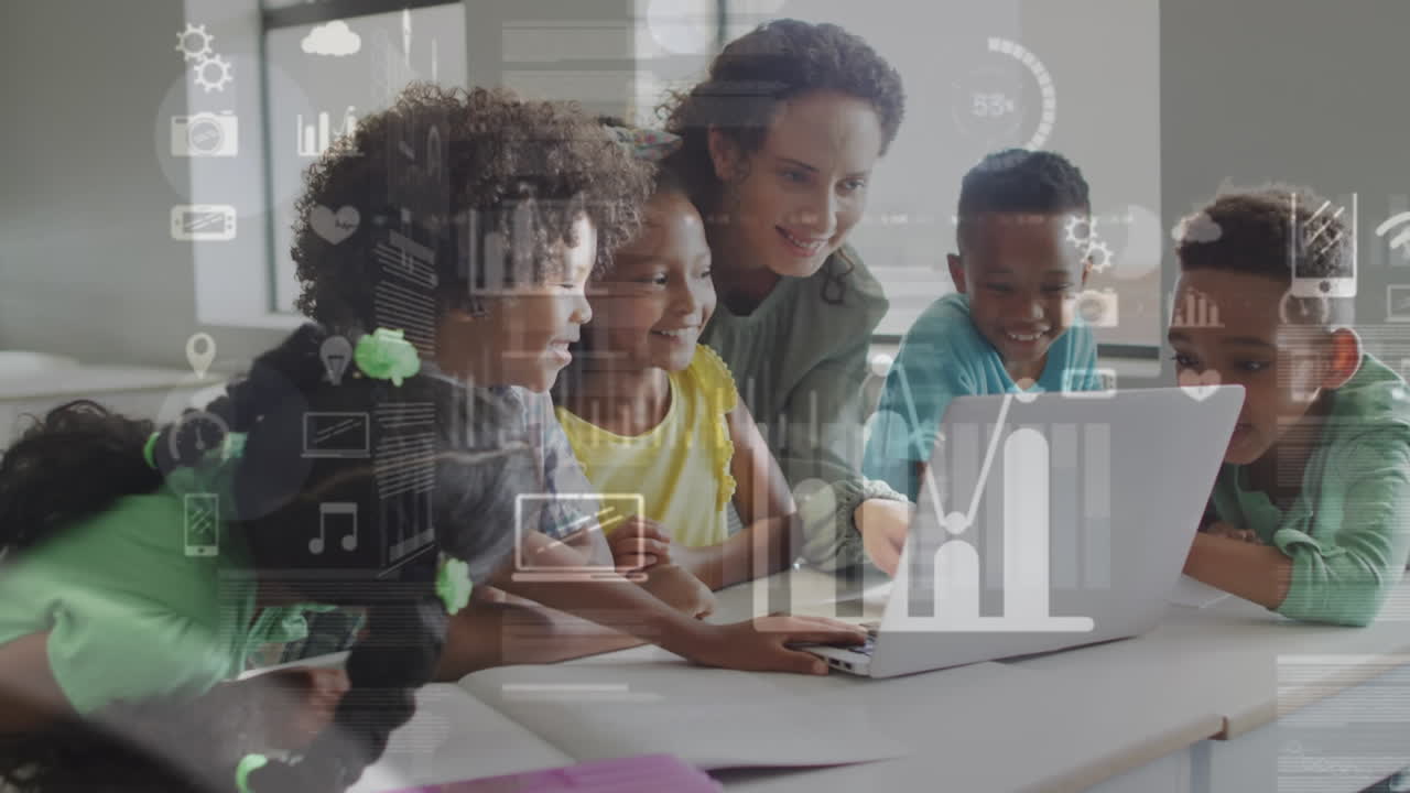 Animation of data and media icons over happy diverse female teacher and pupils using laptop