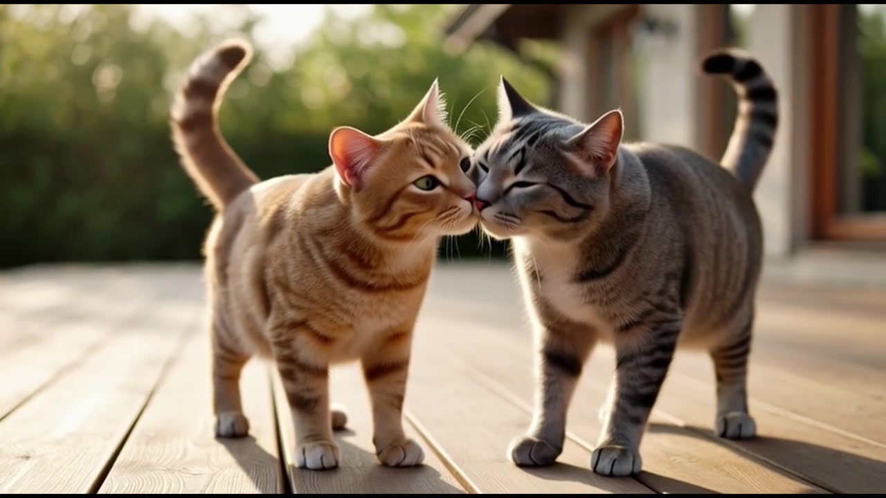 Due gatti domestici che camminano e si strusciano su una terrazza di legno.