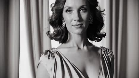 black and white portrait of an elegant woman wearing a stylish dress and jewelry, posing against a backdrop of curtains, capturing a vintage and glamorous atmosphere