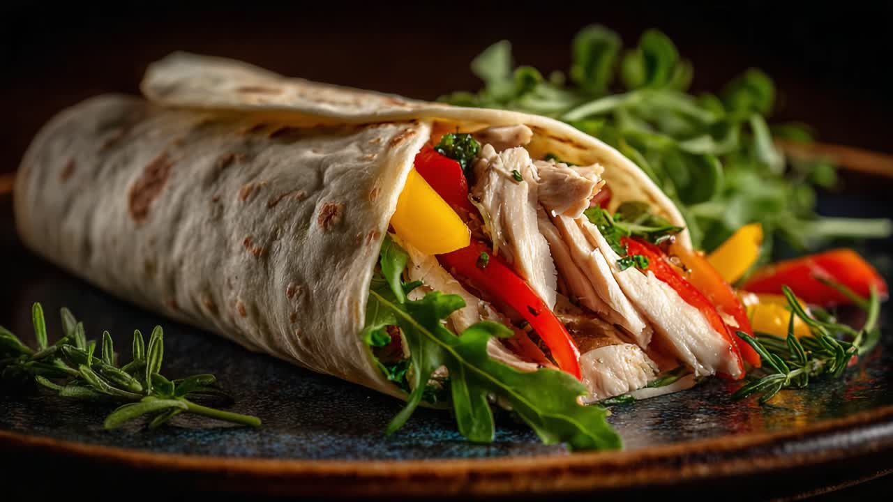 Delicious Chicken Wrap Packed With Fresh Vegetables and Greens Showcasing a Burst of Colors and Flavors, Perfect for a Healthy Meal Option