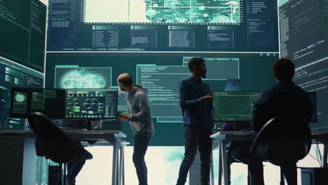 Governmental hackers analyzing cyber threats on big screens