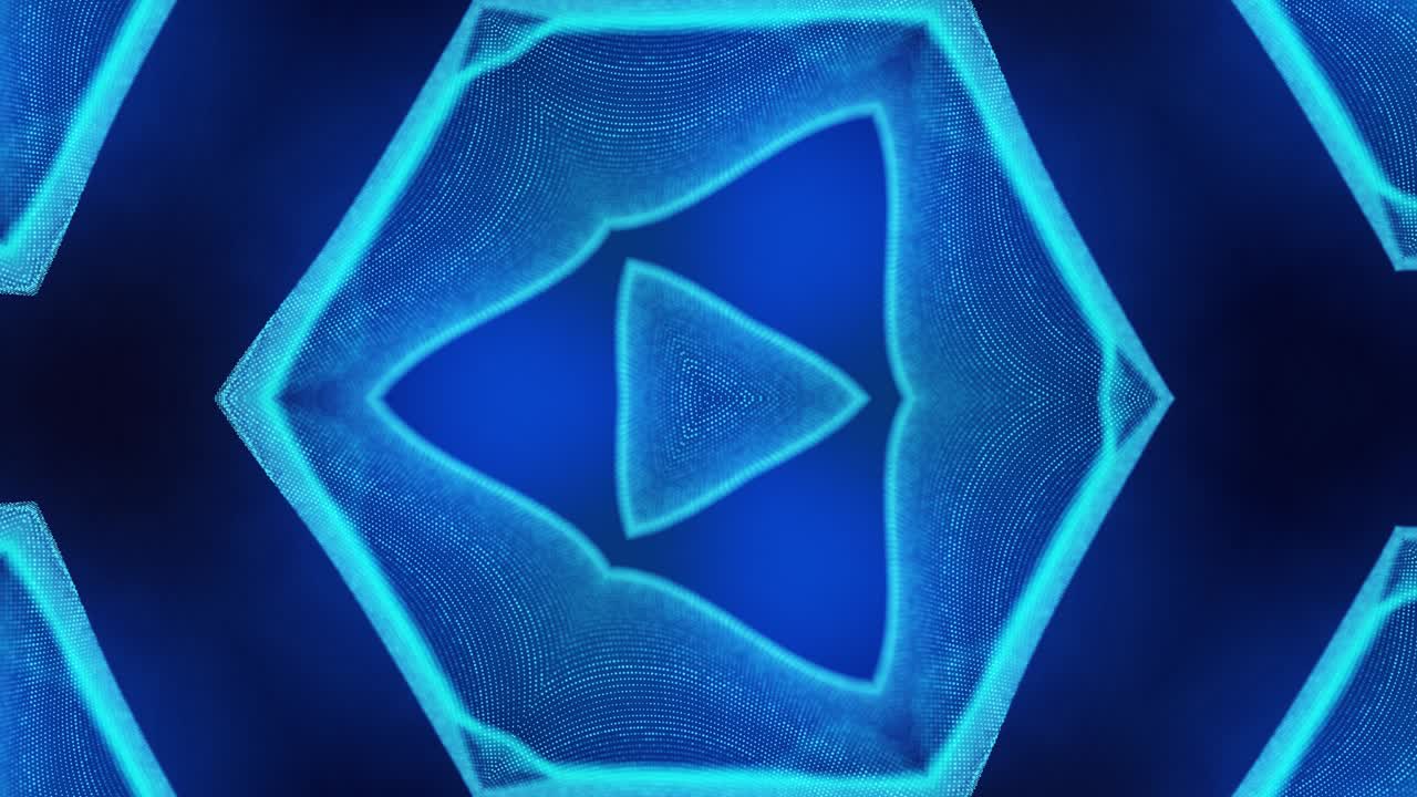 el fondo azul abstracto de 4k de partículas de brillo forma líneas curvas, superficies estructuras simétricas como en el holograma caleidoscópico. tema abstracto de ciencia ficción con ondas de partículas.