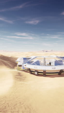 una nave espacial futurista aterrizando en un paisaje desértico.