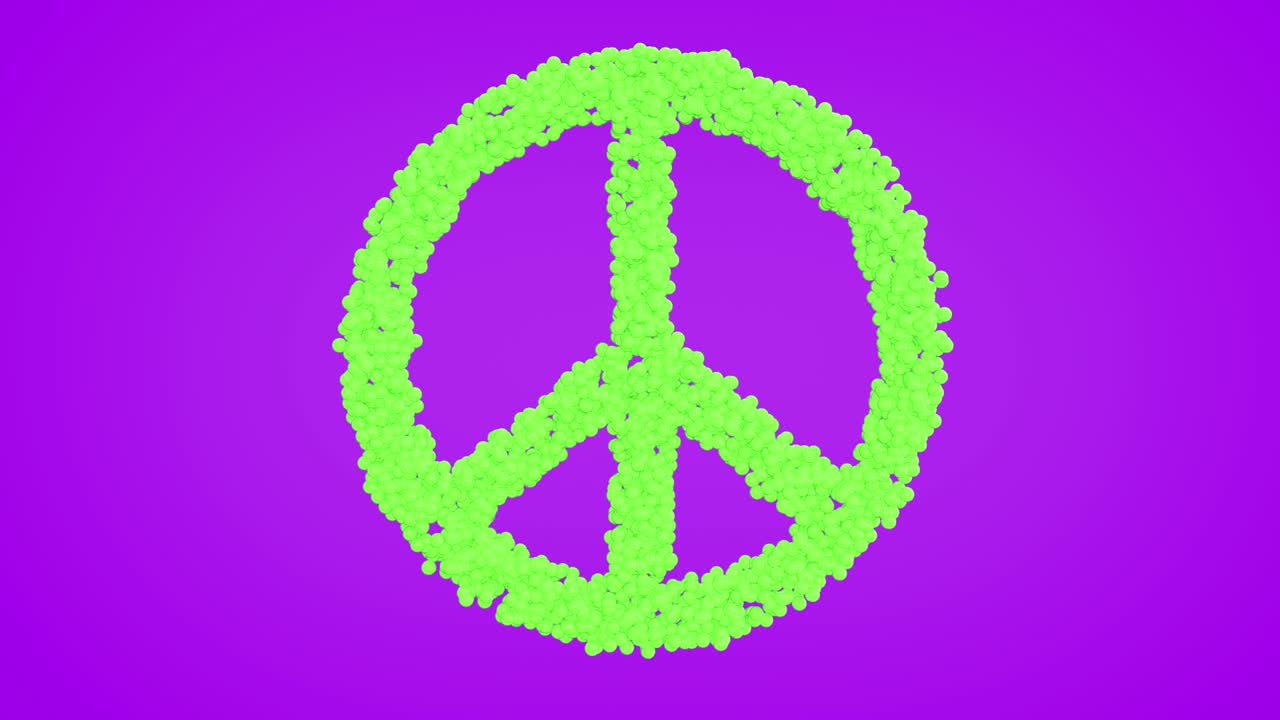3d looped animation of peace symbol. Small balls shapes wavy surface with ripples. Trendy vibrant texture, motion graphic design, colored bright texture.
