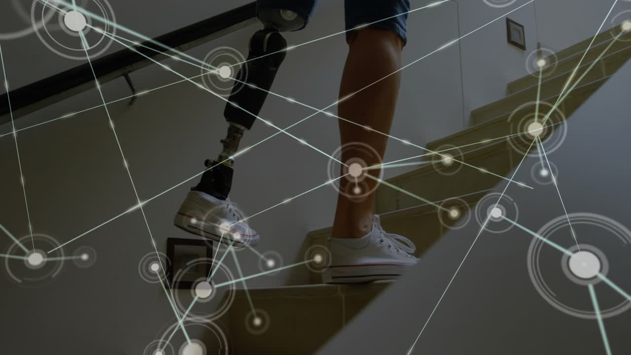 Senior woman placing prosthetic foot on stair, activating health overlay, climbing toward landing