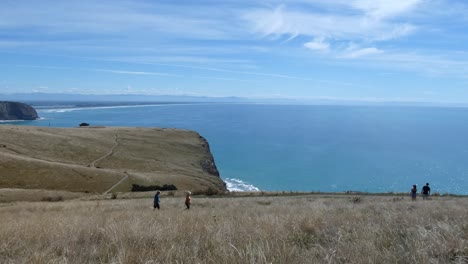 People-walking-on-track-high-above-ocean-in-summertime---Godley-Head-Loop-Track,-Banks-Peninsula