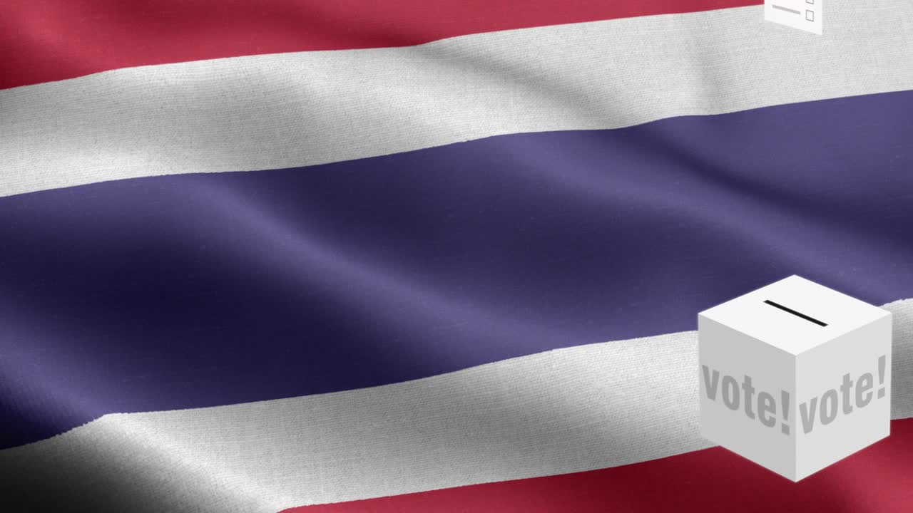 태국을 선택하기 위해 투표용지가 박스에 날아갑니다. - 발 앞의 투표용지. - 선거. - 투표. - 태국의 발. - 태국 발의 높은 세부 사항. - 국가 발 태국 파동 패턴. - 루프 가능한 요소. - 직물 질감과 끝없는 루프.