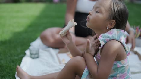 a mother and daughter enjoy a summer picnic outdoors on a grassy lawn, sharing pizza and spending quality time together on a sunny day. the family bonding scene reflects leisure and relaxation.