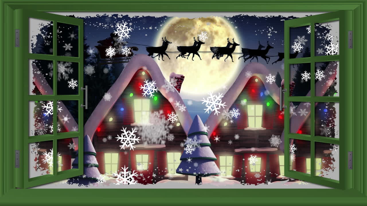 크리스마스 장식 된 집 위 에 내리는 눈 의 애니메이션