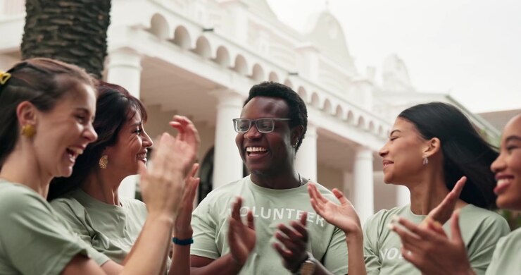Diverse Group of Volunteers Celebrating Success with High Fives