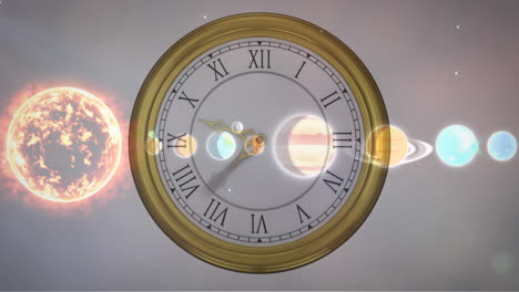 animation of solar system, planets and space over clock ticking