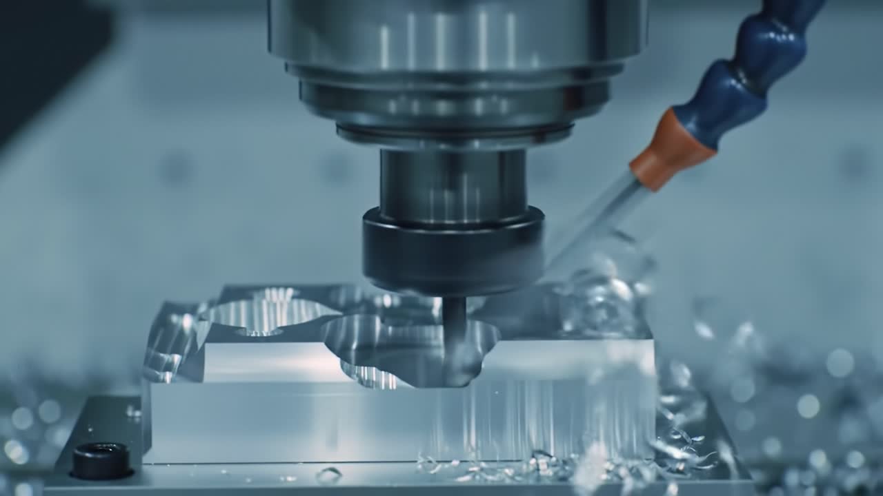 Precision Machining Process Captured: A Close-Up on Milling Aluminum Block with Metal Shavings, Showcasing Advanced Tooling in Action