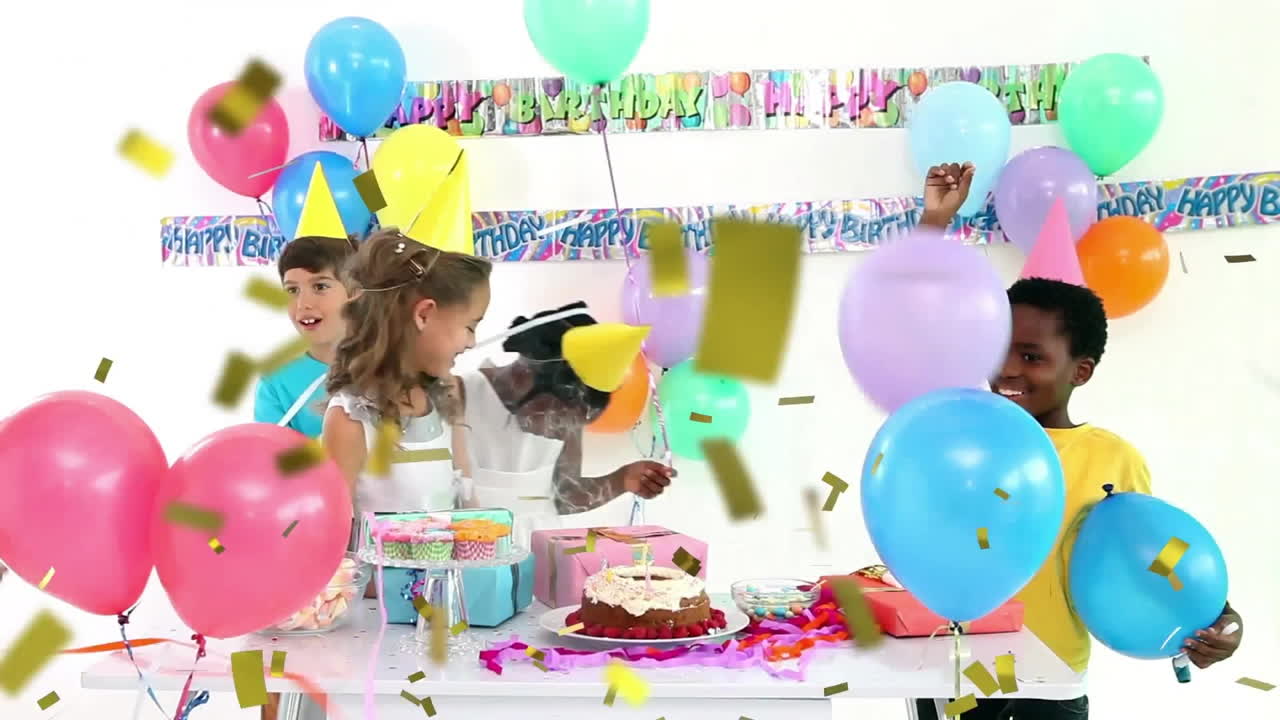animación de confeti dorado cayendo sobre niñas y niños diversos felices celebrando en una fiesta de cumpleaños