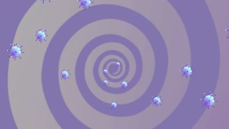 animation of falling covid 19 cells face mask over purple spiral