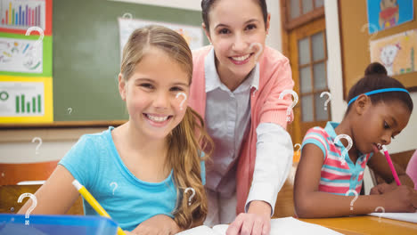 animation of question marks over female elementary school teacher and diverse schoolgirls in class